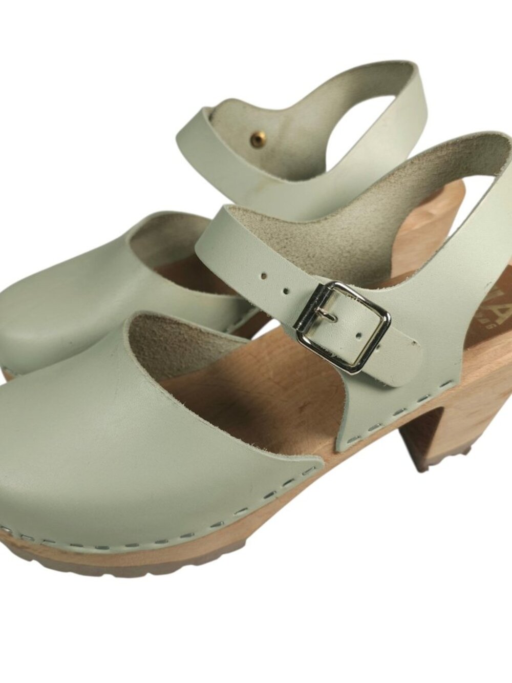 MIA Mint Green Leather Platform Clog Heels Ankle Strap Sweden Size 39 US 8.5